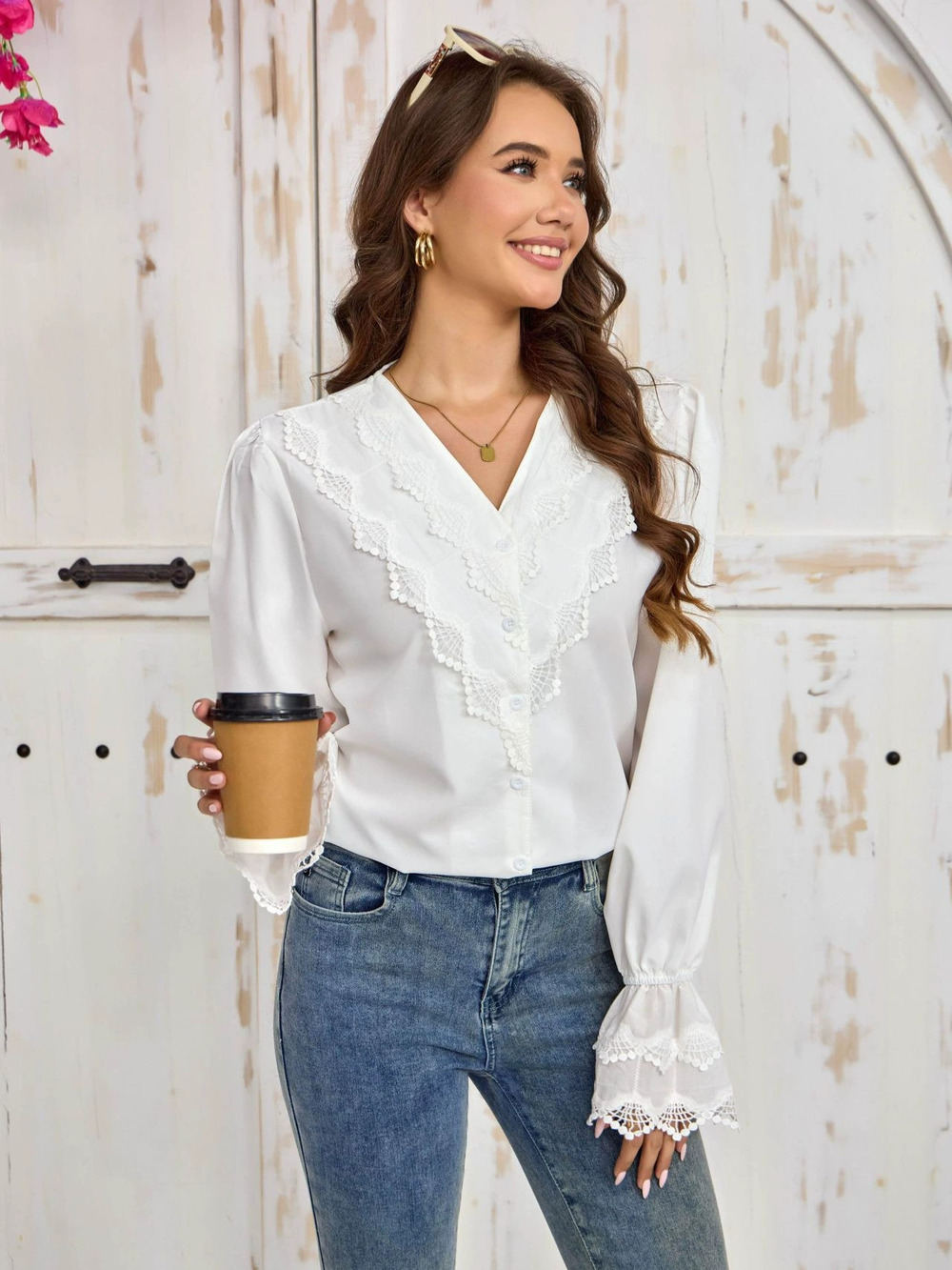 ZARA French White Lace Embroidered Long Sleeve Fitted Blouse